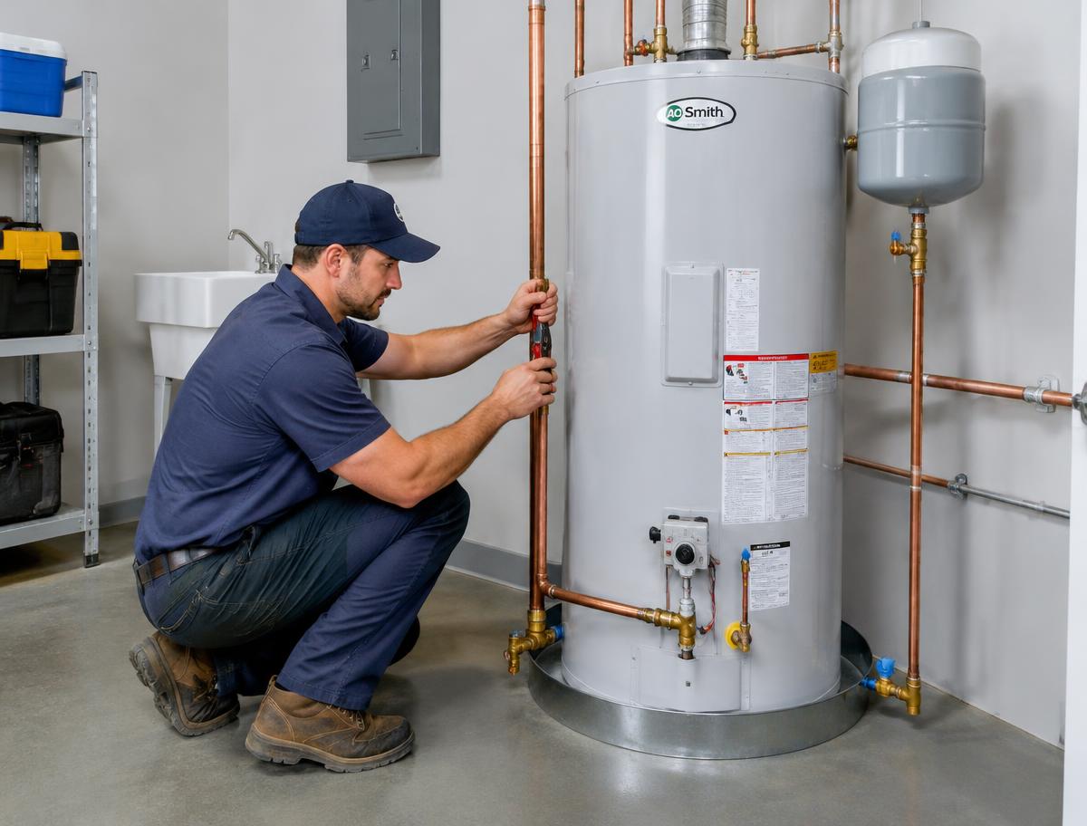Plumber connecting copper pipes during a water heater installation